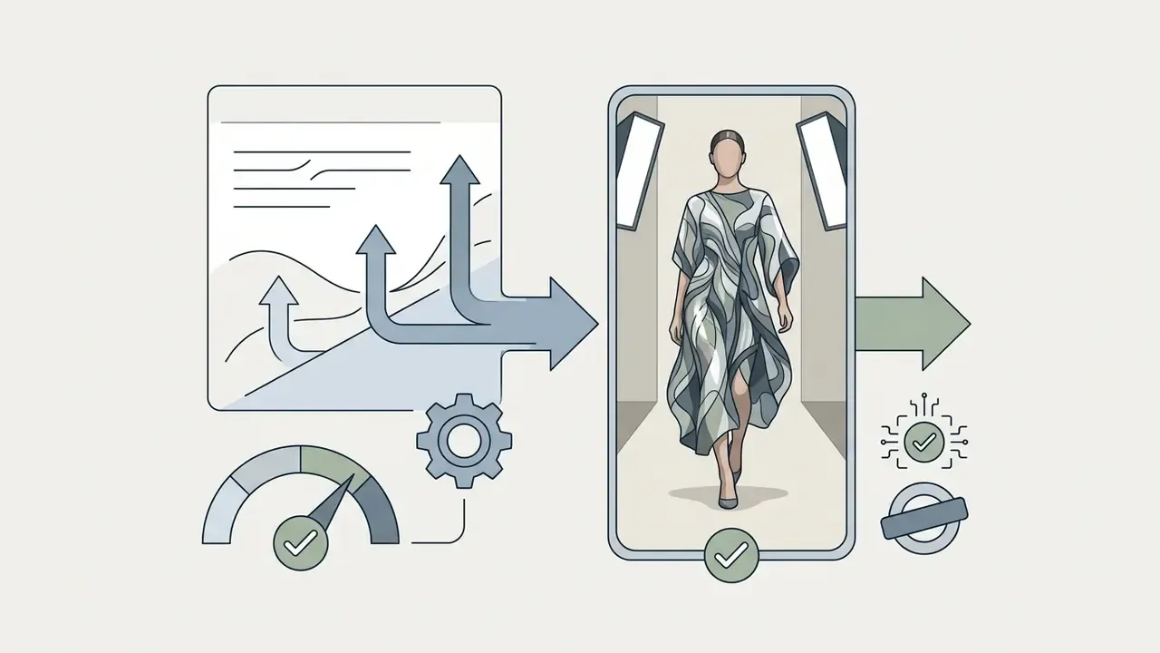 Data inputs flowing into a smartphone screen showing a fashion model on a runway for AI video generation