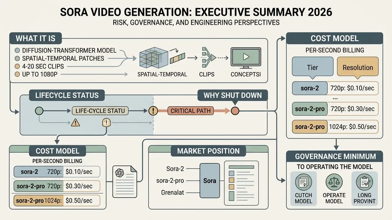 Infographic summarizing the technical, operational, and financial aspects of the OpenAI Sora video model