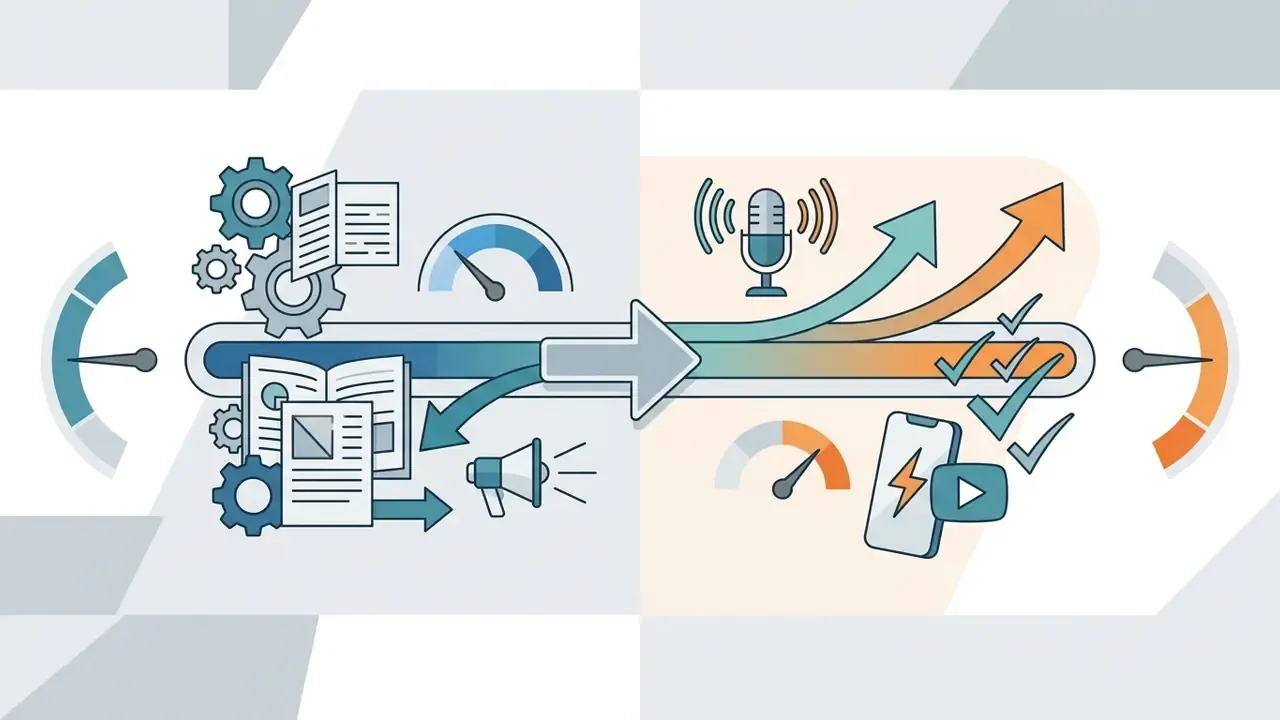 Speedometer gauges and gears processing documents into audio and video content with checkmarks