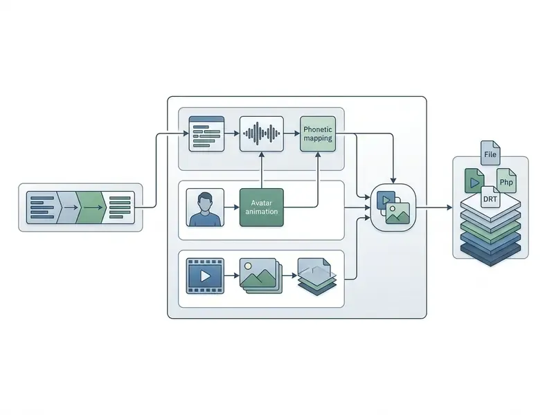 System architecture diagram showing text input, speech mapping, avatar animation, and final video rendering
