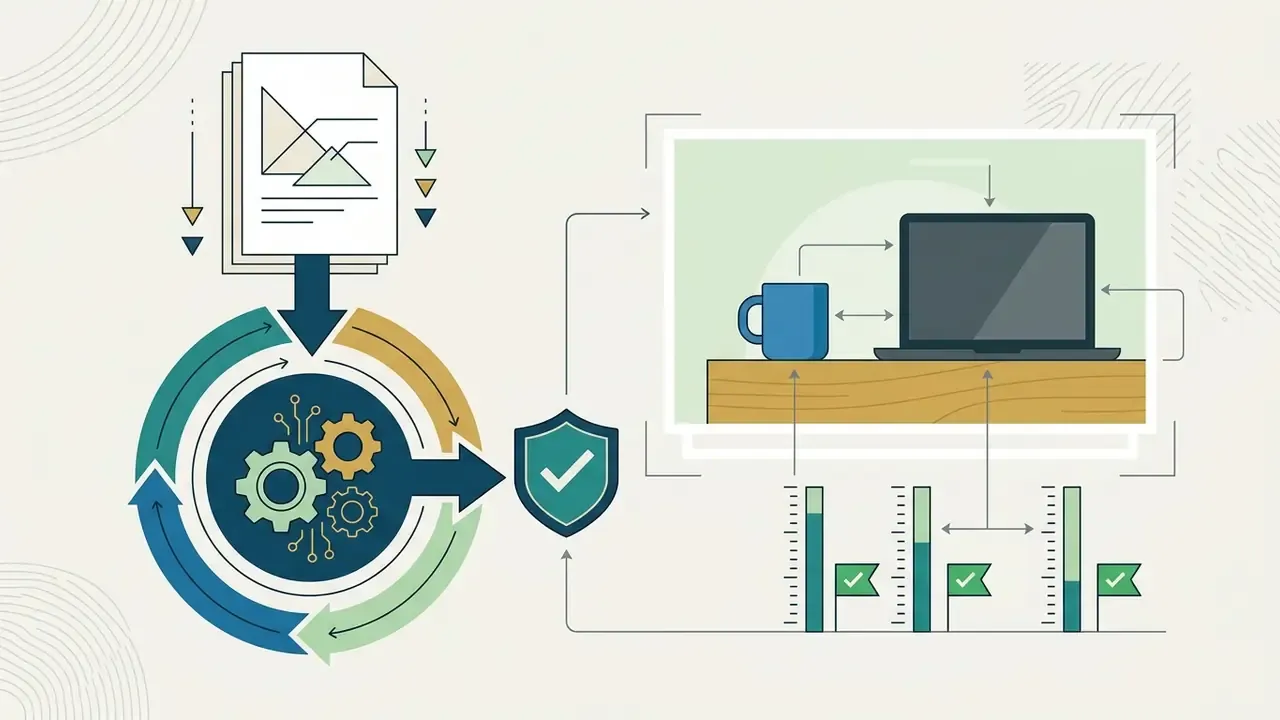 Document processing cycle with gear icons and a shield leading to a desk scene with a mug and laptop