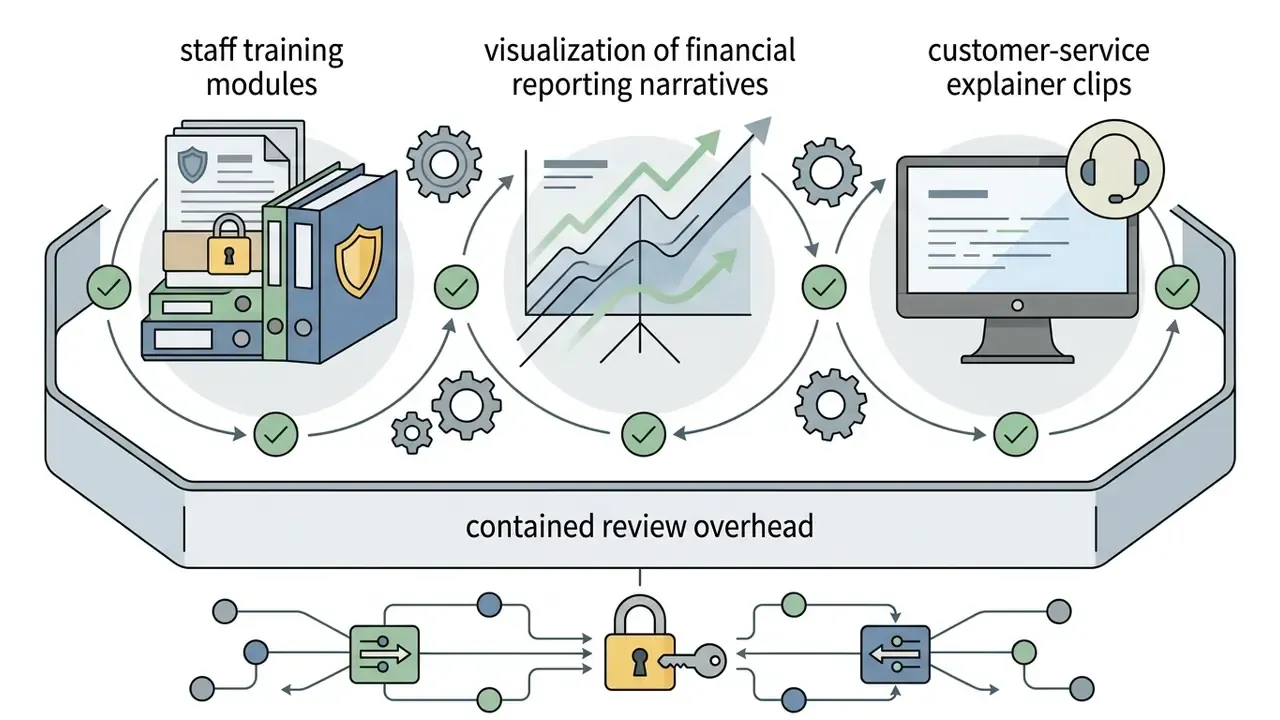 Three circular process stages showing training files, financial charts, and customer service screens