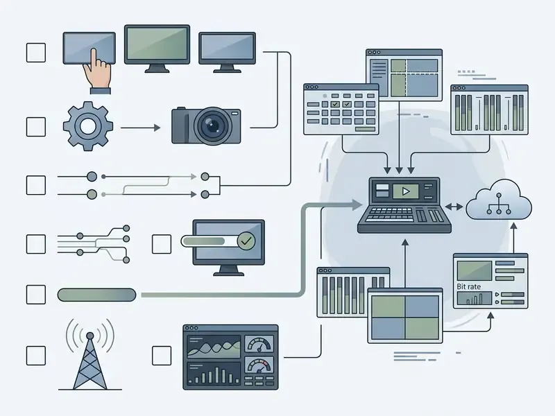 Checklist of broadcast preparation steps connecting hardware and software inputs to a central streaming hub