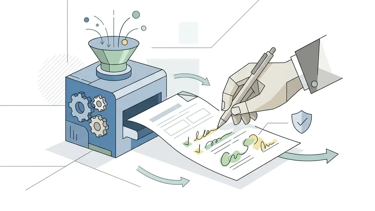 Mechanical device producing a document that a hand is editing with a pen and a security shield icon