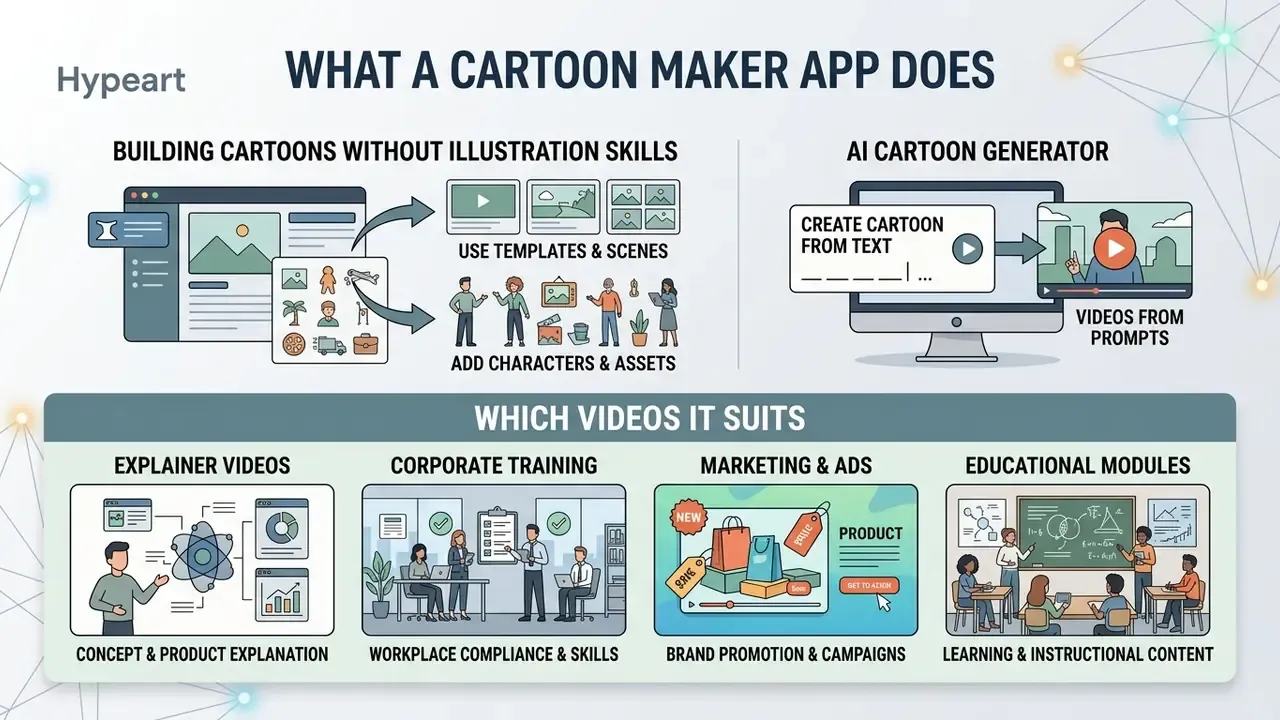 Infographic showing how a cartoon maker app uses templates and AI to create videos for business needs