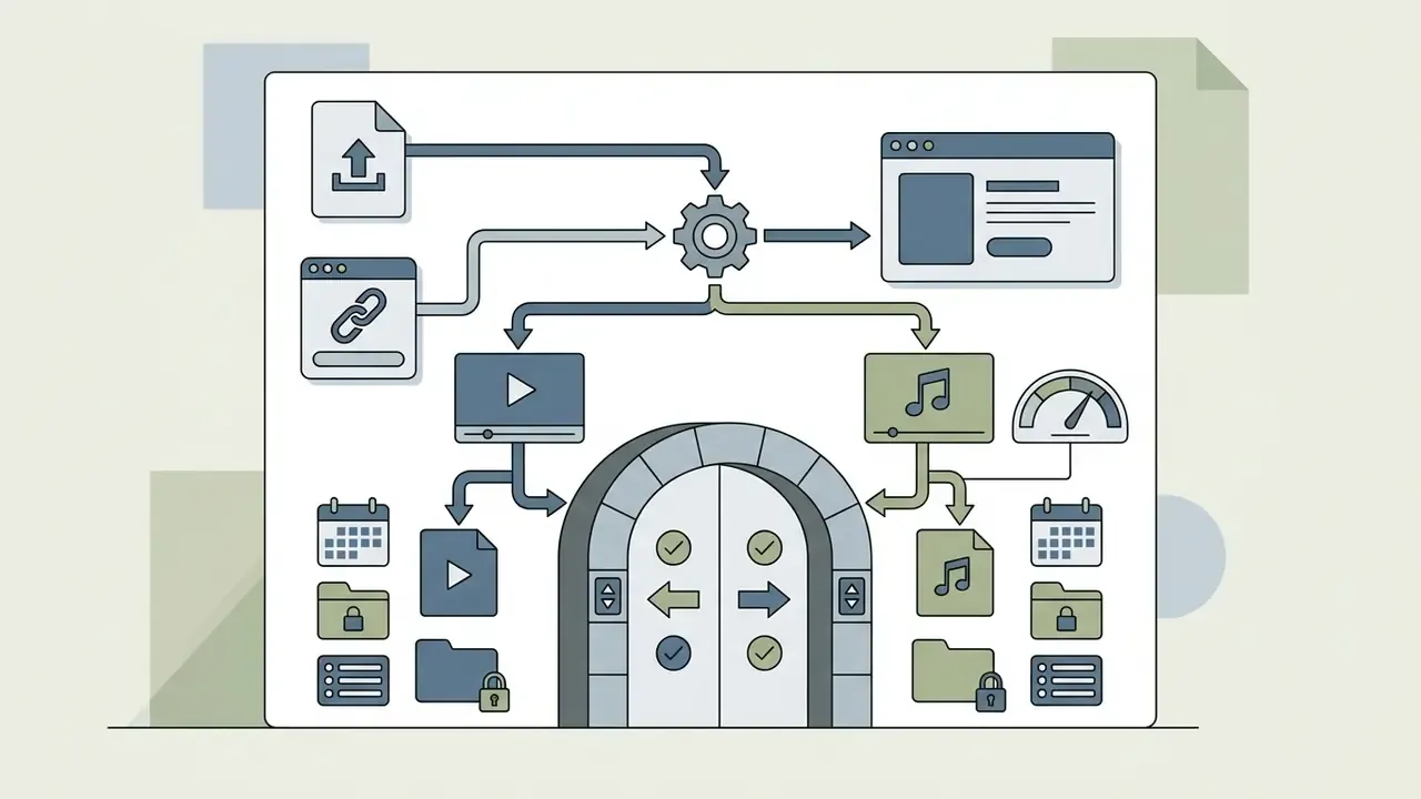 Processing path for video and audio files leading to a storage gate with calendar and security icons