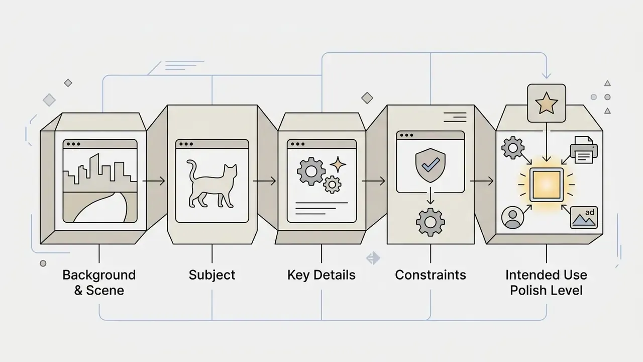 Sequential diagram showing five steps for prompt engineering including scene, subject, and output goals