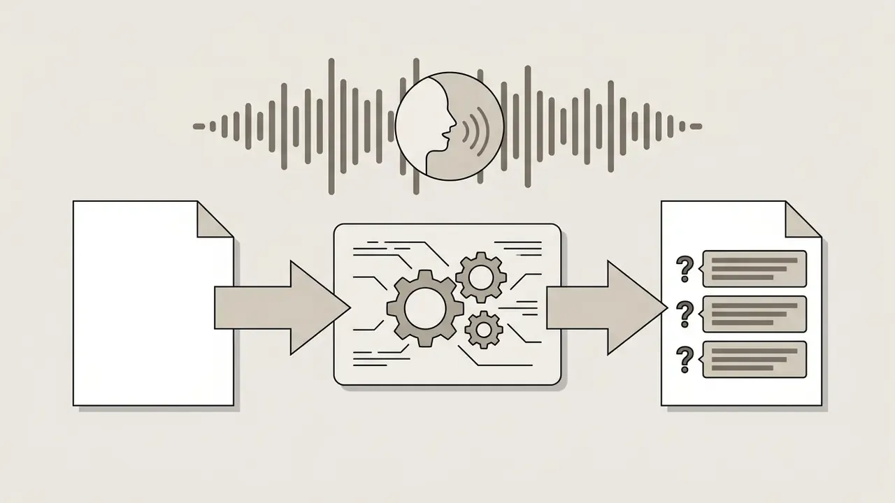 Voice wave icon above a document flowing through a gear processor into a list of interrogative questions