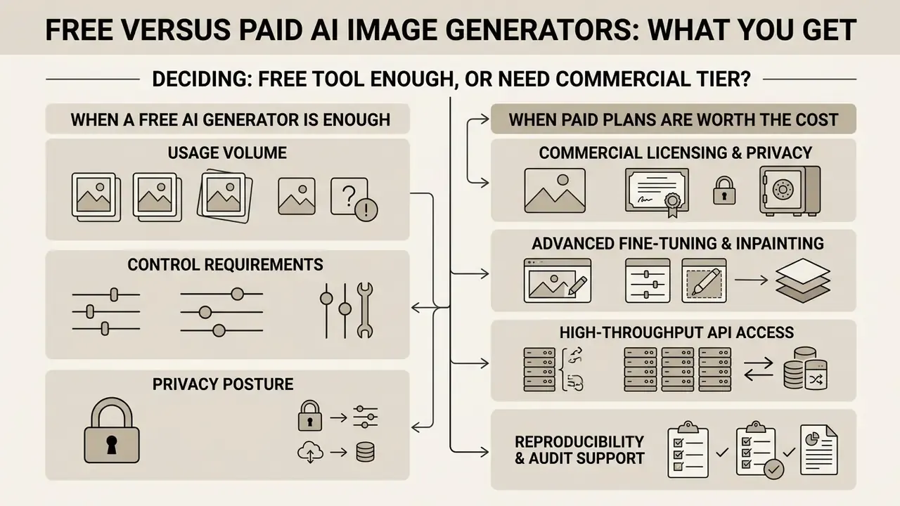 Comparison chart outlining the functional differences between free and paid AI image generator plans