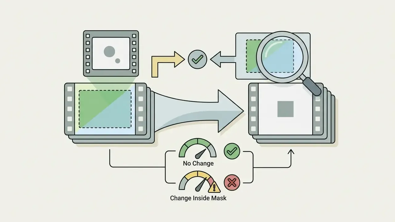Film frames being compared with a magnifying glass and gauges to verify mask stability during processing