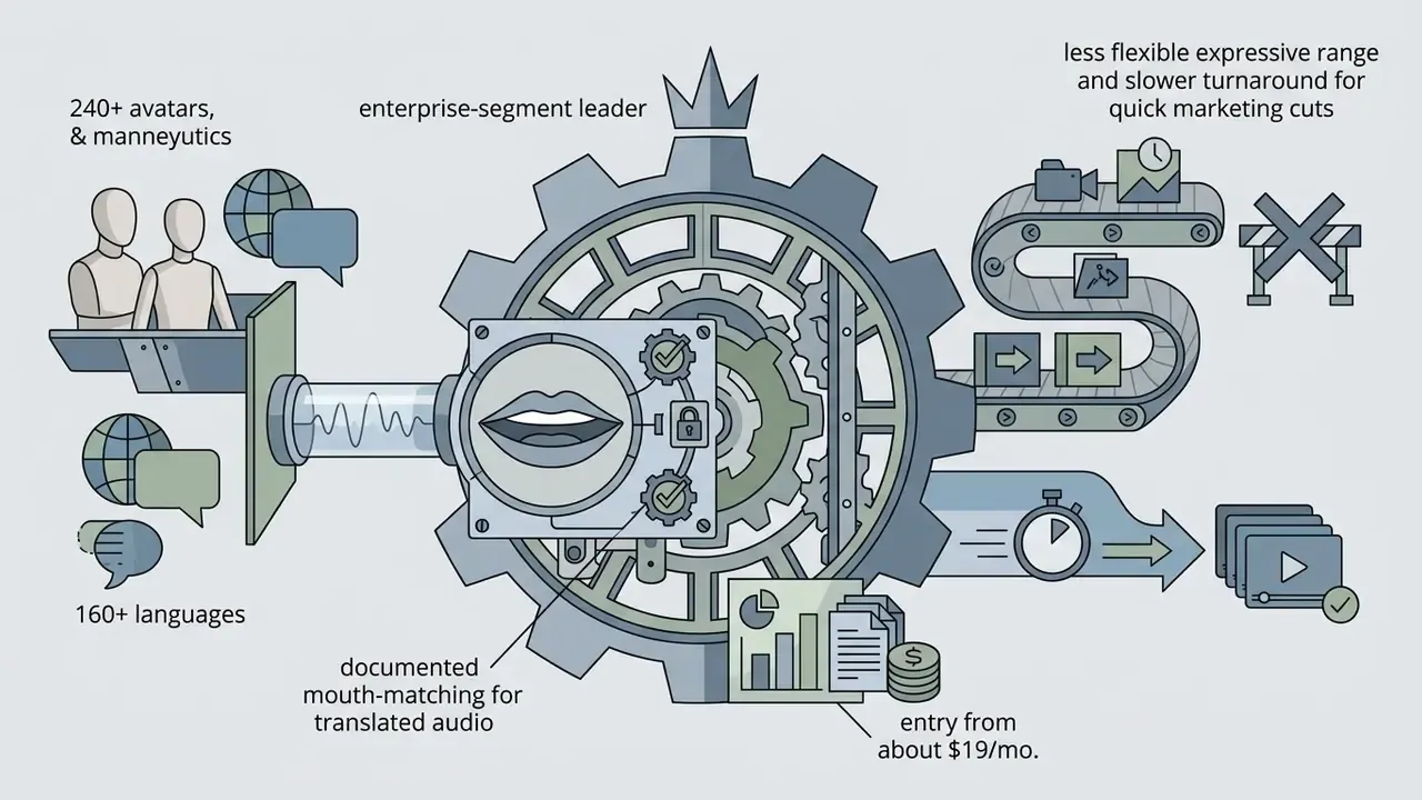 Mechanical gear system representing enterprise video production features like avatar and language support
