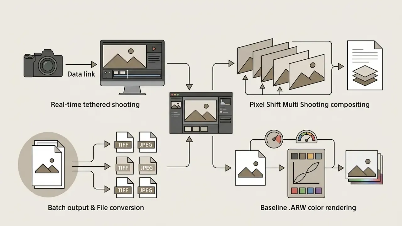 Workflow diagram showing camera tethering, multi-shot compositing, batch file conversion, and color rendering