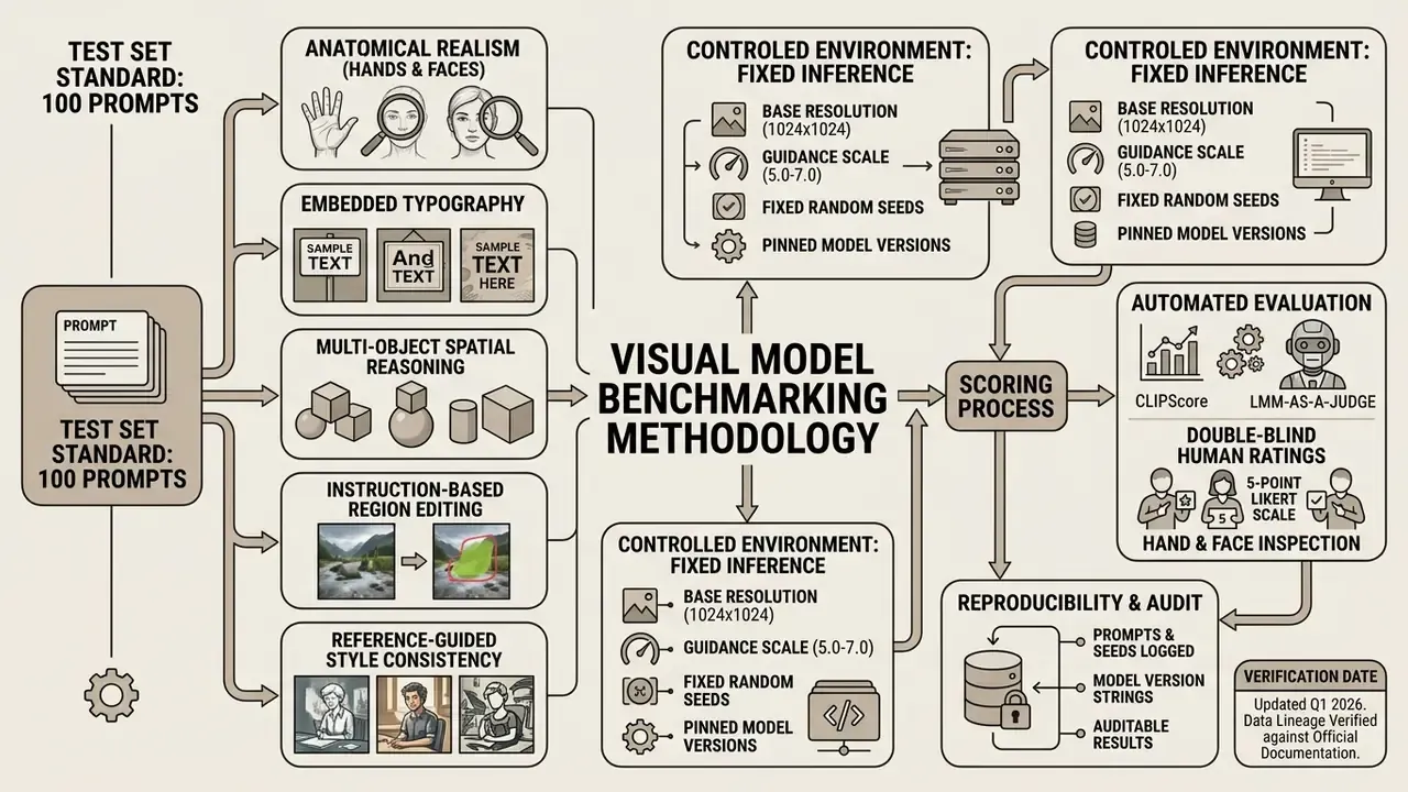 Diagram mapping the methodology for testing AI image generation capabilities through structured benchmarks