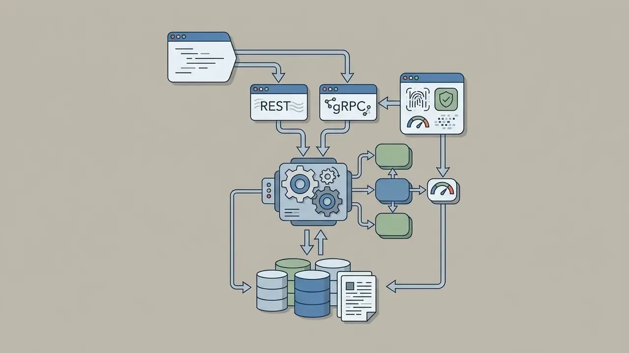 System architecture showing REST and gRPC endpoints connecting to a central processing engine and databases