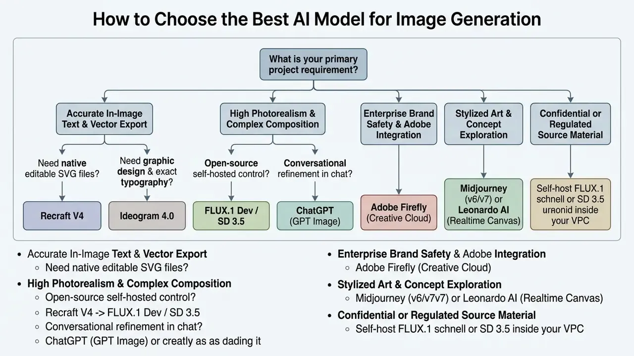 Decision tree mapping project requirements to specific AI image generation models and workflows