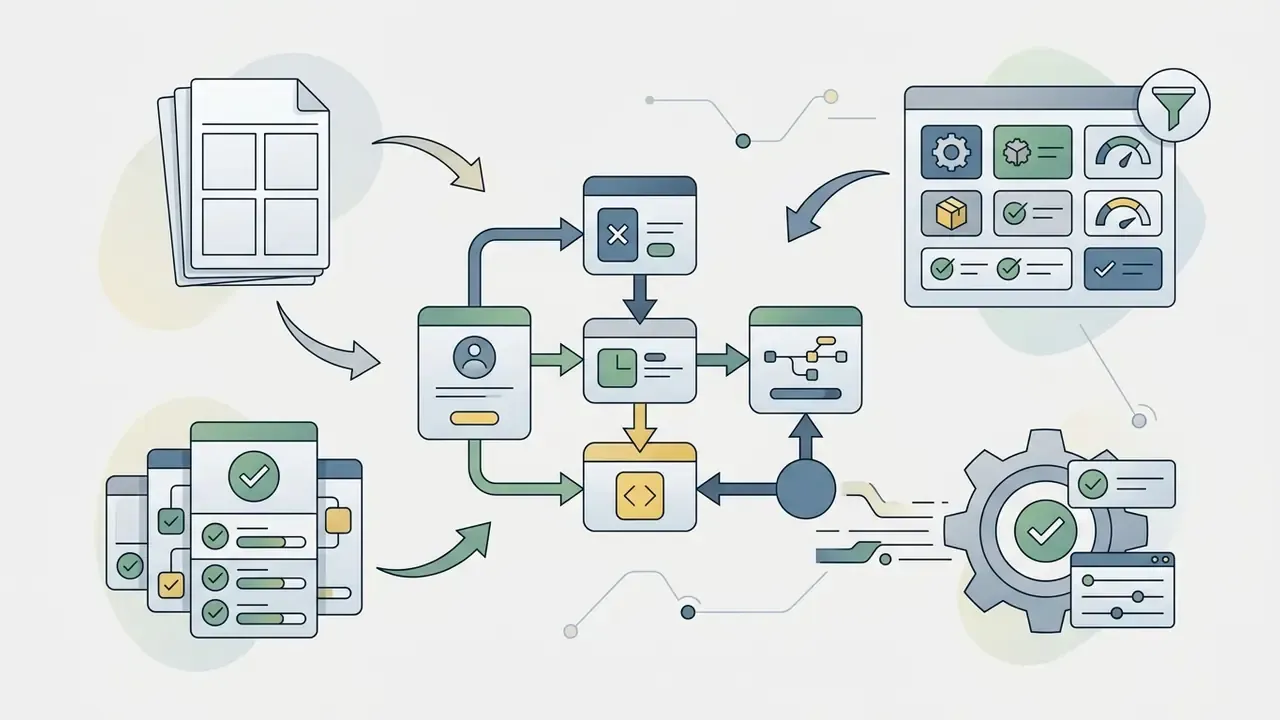 Stack of documents and dashboard icons connecting to a central workflow diagram with gear and filter symbols