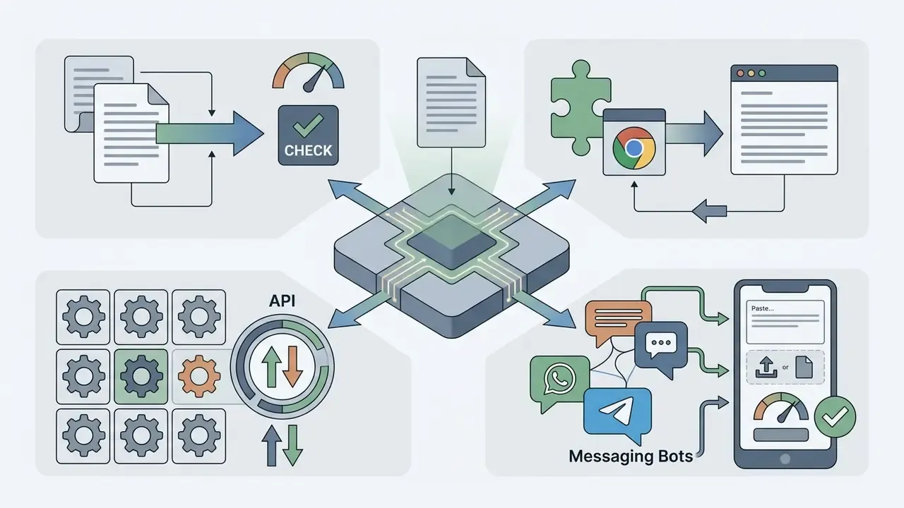 Central processor connected to document workflows, browser extensions, API gears, and mobile messaging bots