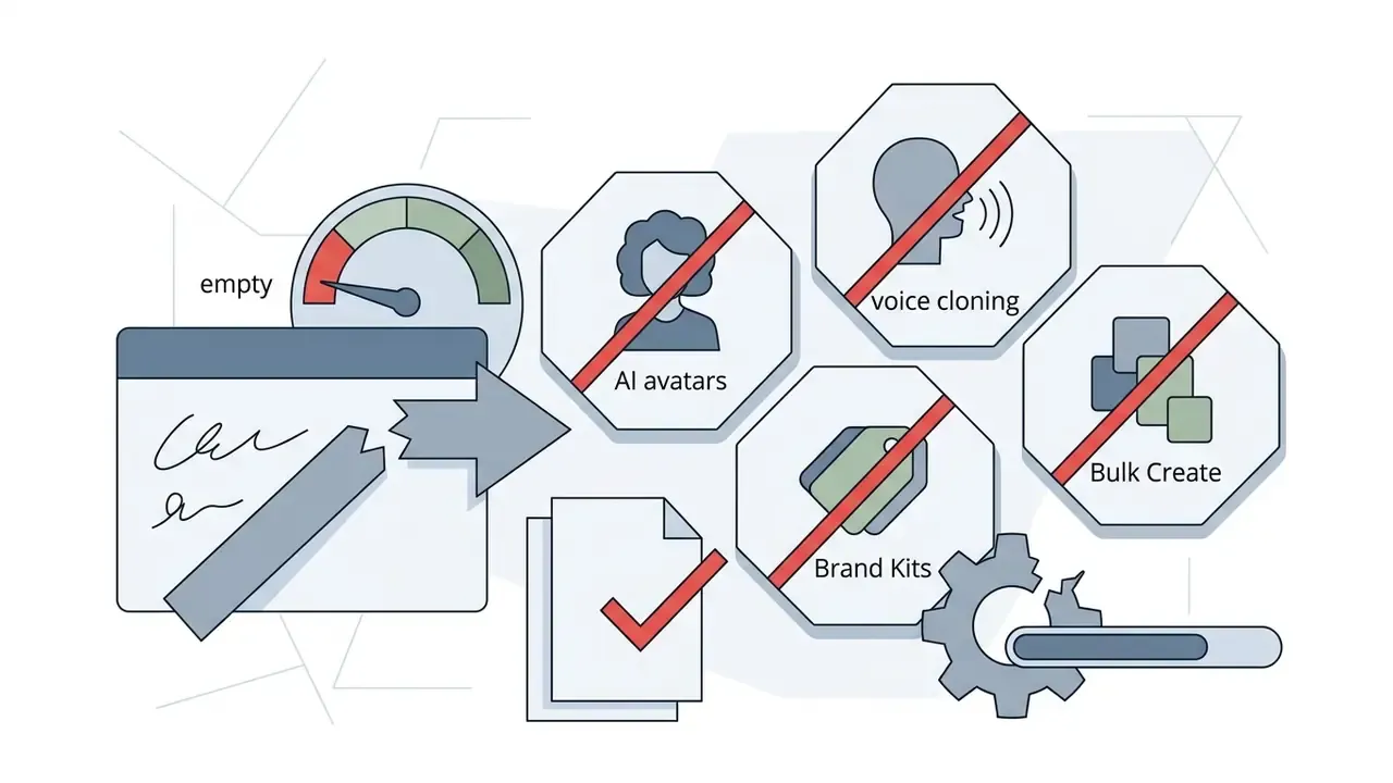 Document script passing through a gear mechanism while advanced features are marked with red prohibition signs