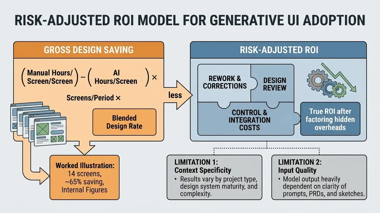 Conceptual model showing how hidden overheads reduce gross design savings to reach a true ROI