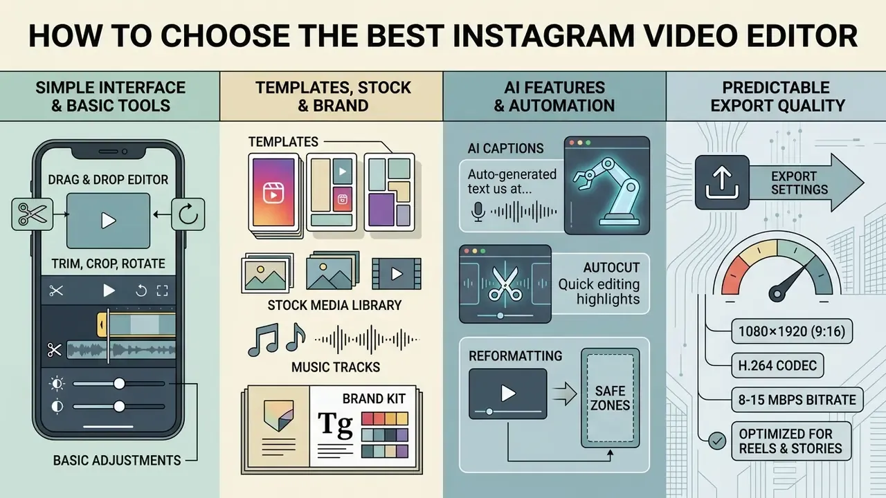 Infographic outlining four key criteria for selecting an Instagram video editor including tools and AI