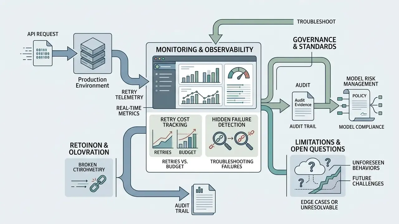 Flowchart connecting API production telemetry to observability dashboards, audit trails, and risk management