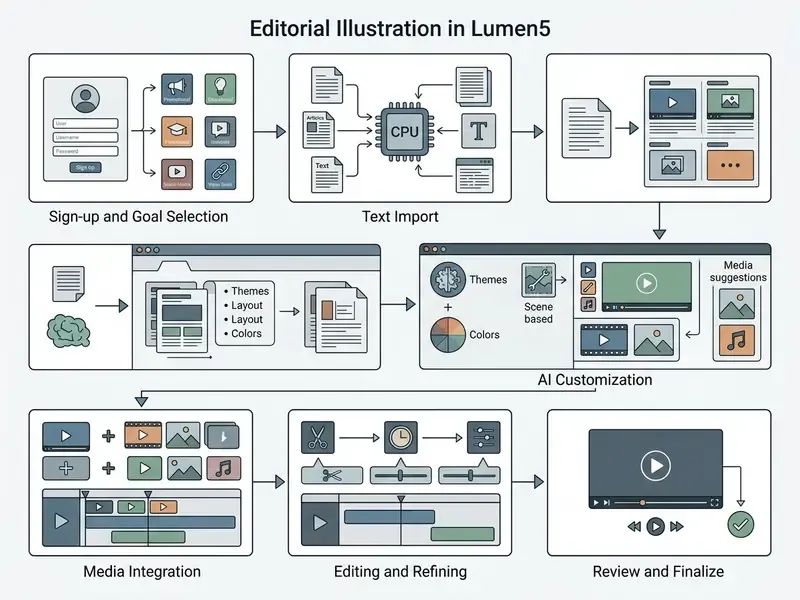 Step-by-step flowchart showing the Lumen5 video creation process from sign-up to final export