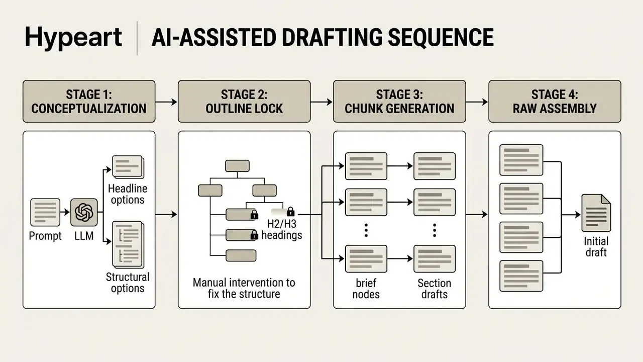 Four-stage process diagram detailing conceptualization, outline locking, chunk generation, and raw assembly