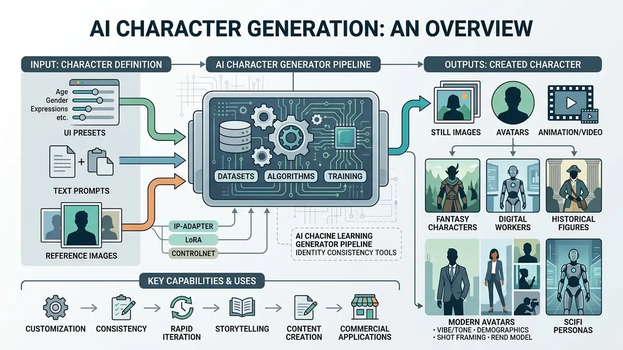 Flowchart detailing the input, processing, and output stages of an AI character generator system