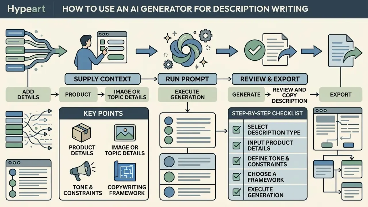 Step-by-step workflow diagram showing input collection, prompt execution, and final content export