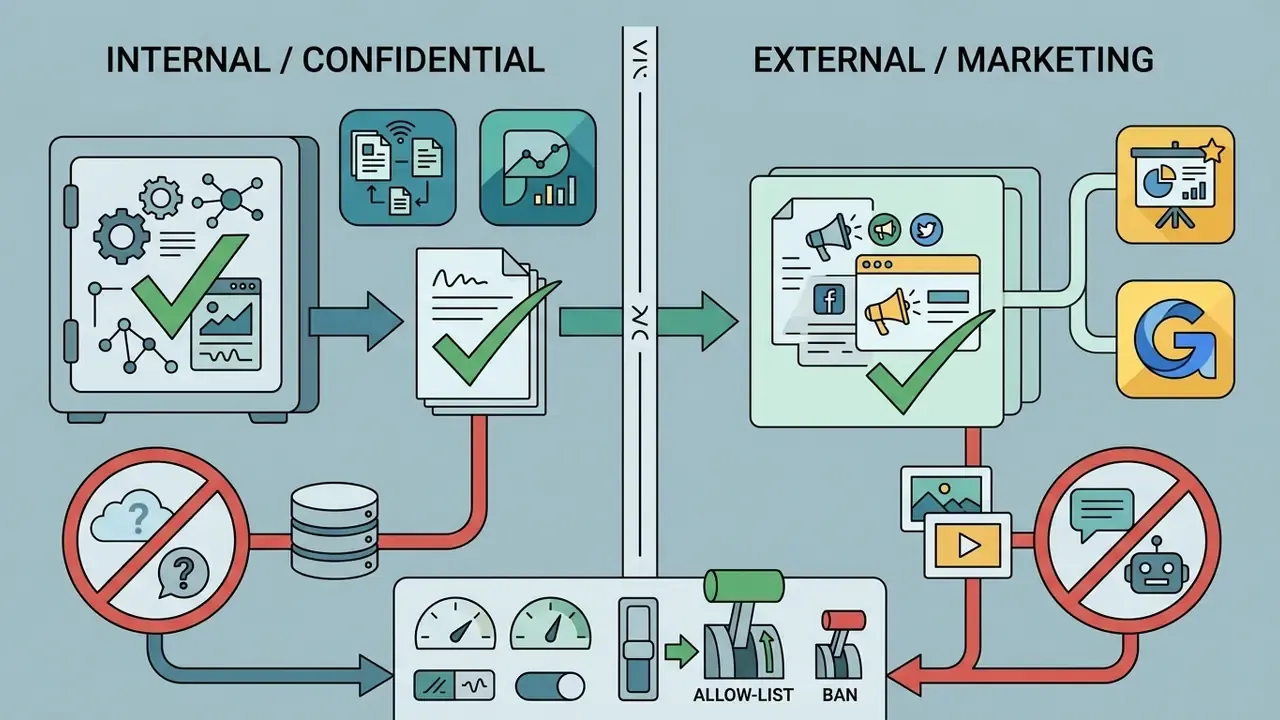 Diagram showing data flows split into internal confidential and external marketing pathways with controls