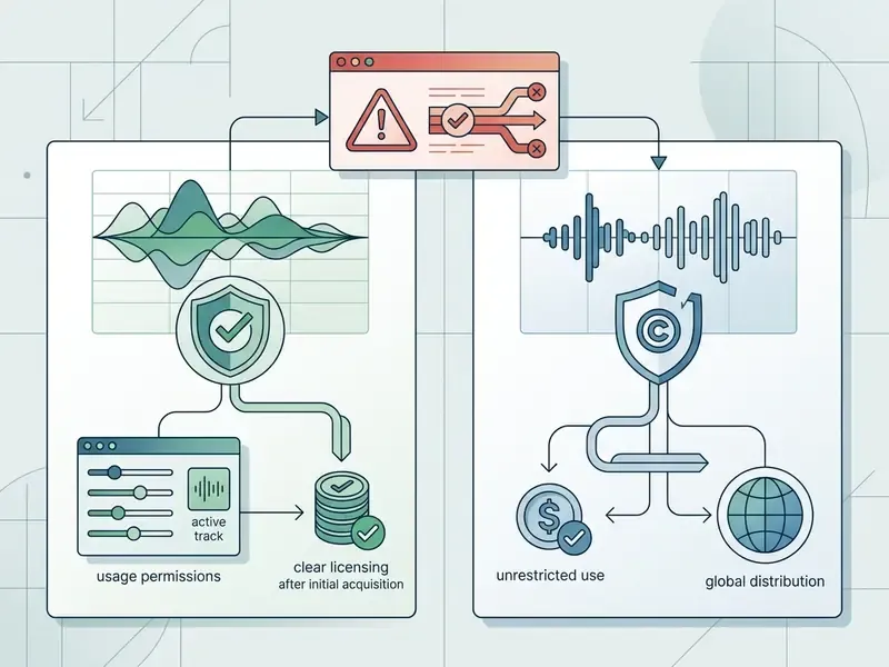 Warning box connecting to two distinct paths for audio licensing and global distribution rights