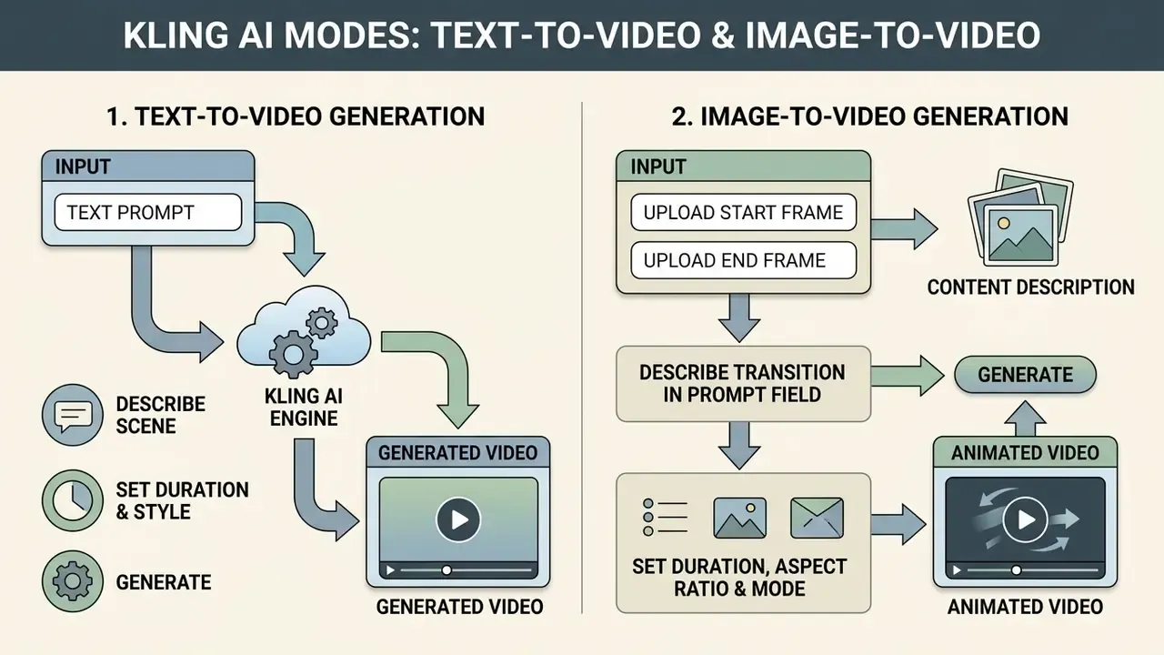 Workflow diagram comparing Kling AI text-to-video and image-to-video generation processes