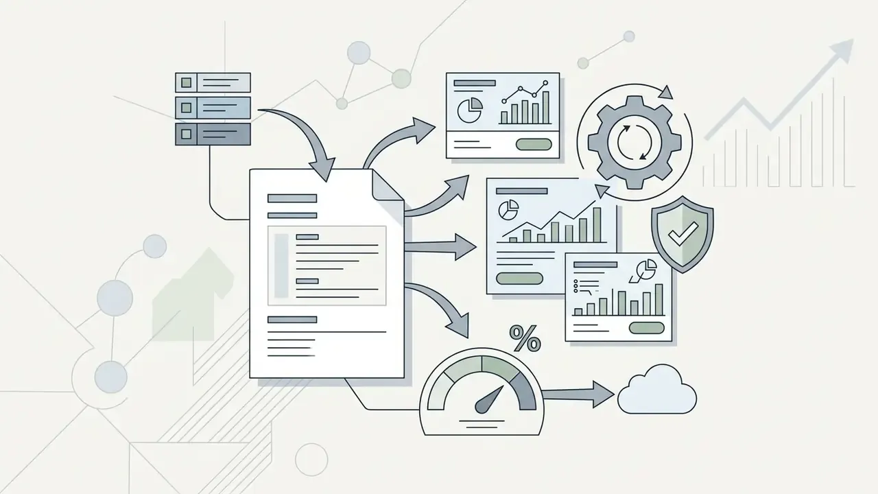 Document template feeding into a central processor to generate various B2B analytics marketing layouts