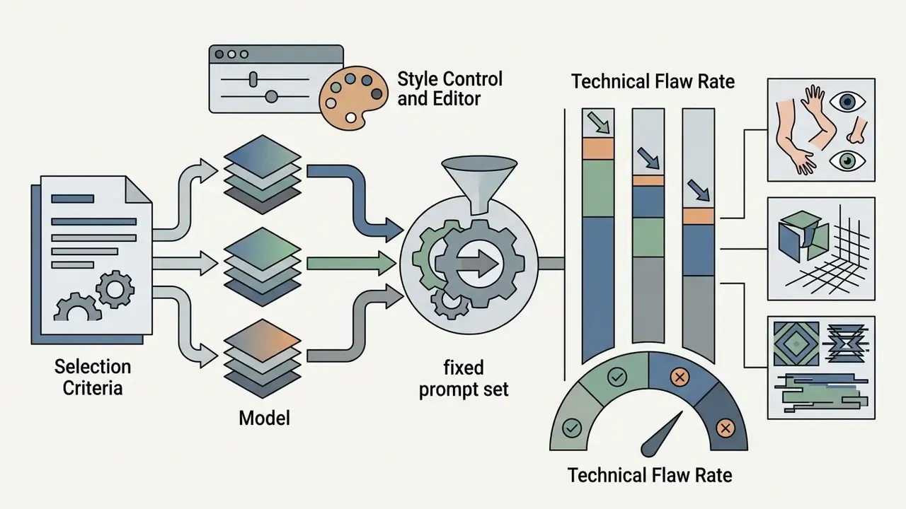 Process flow showing model selection and prompt testing to measure anatomy and perspective error rates