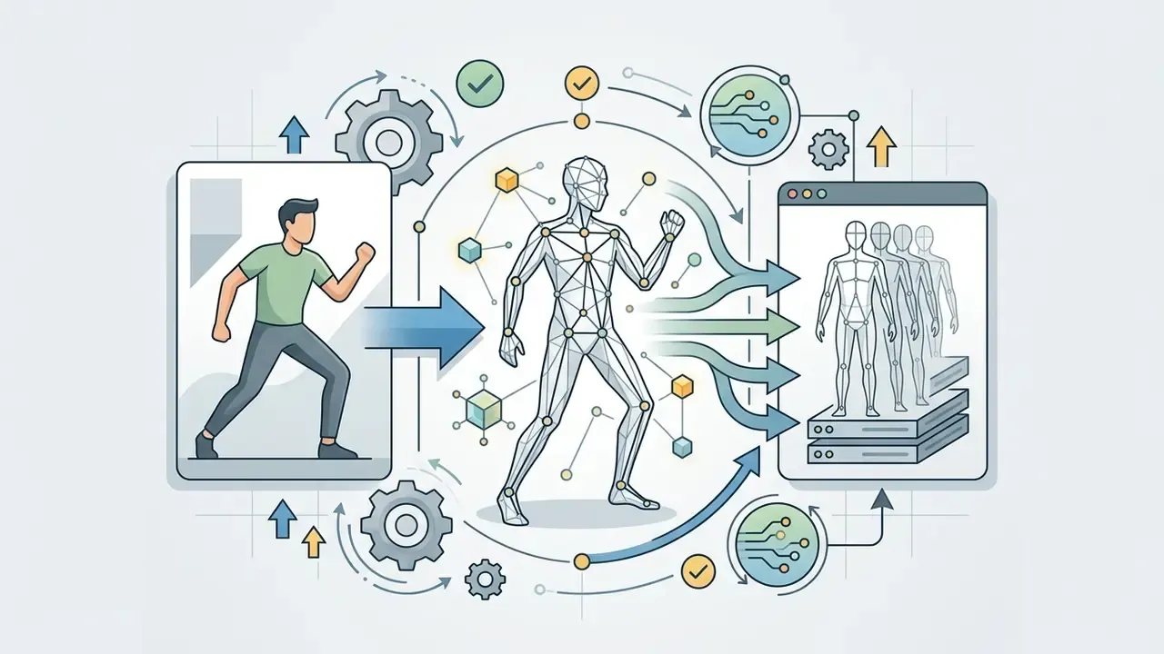 Skeletal wireframe extracting body geometry from a reference figure to generate multiple pose variations