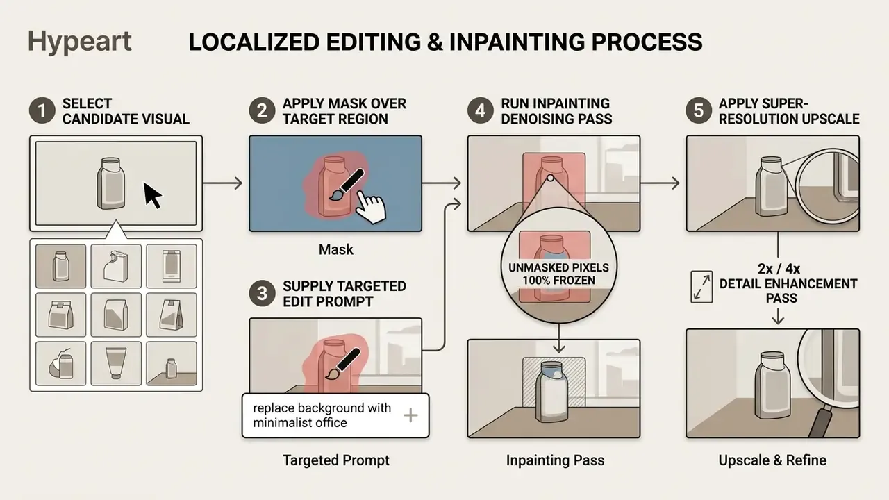Five-step workflow diagram showing selection, masking, prompt entry, denoising, and image upscaling