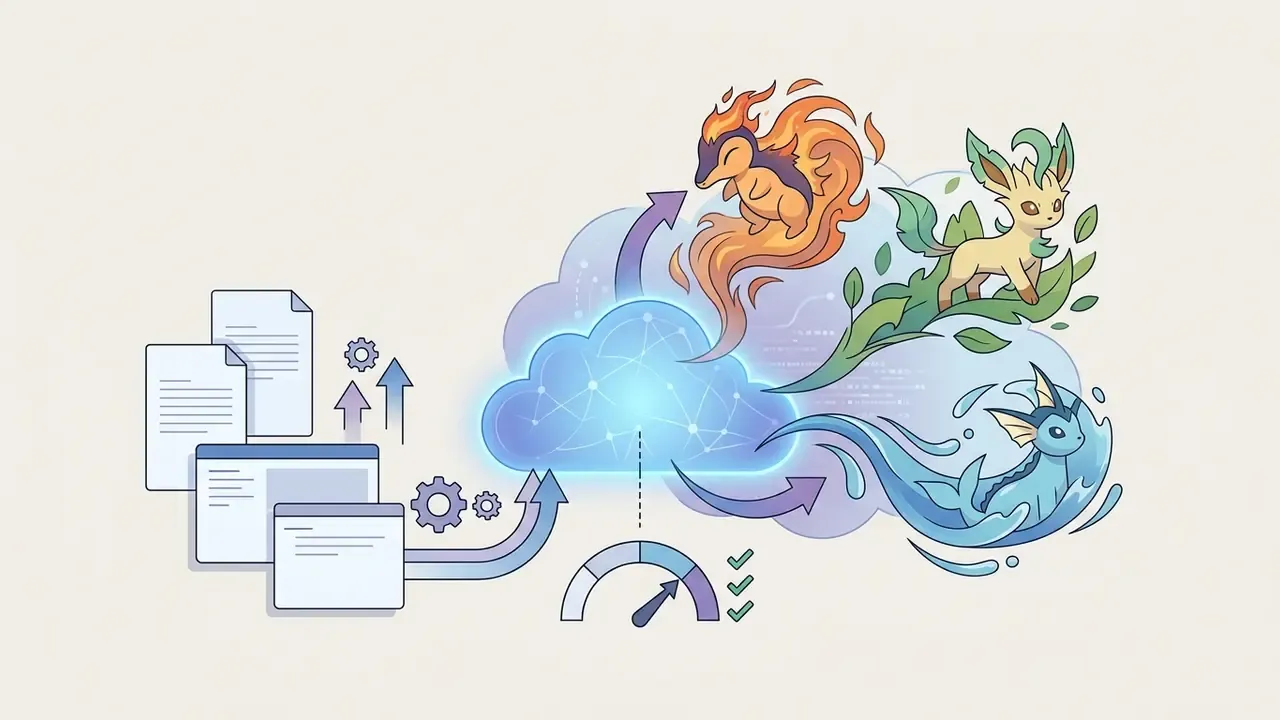 Digital documents and gears feeding into a cloud that synthesizes elemental creature designs