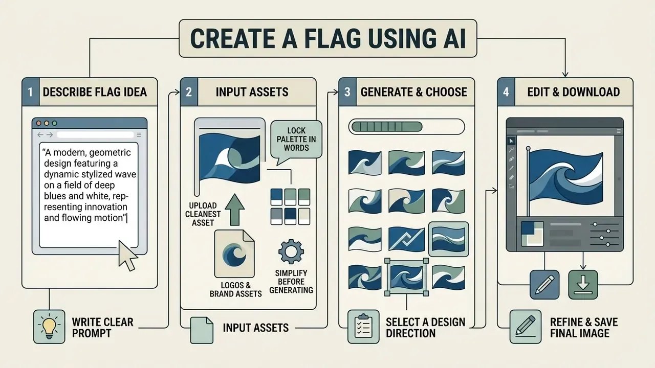 Four-step flowchart illustrating the process of creating a custom flag design using AI tools