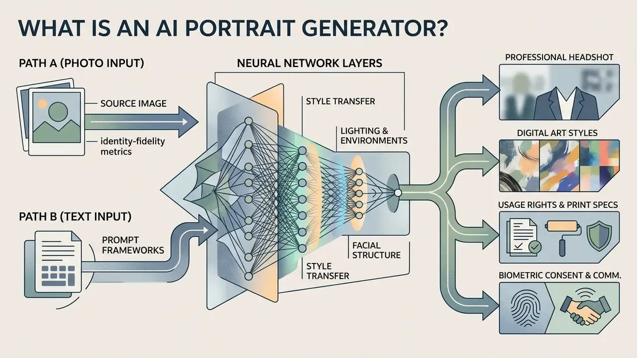 Diagram showing photo or text inputs processed by neural network layers to create varied portrait outputs