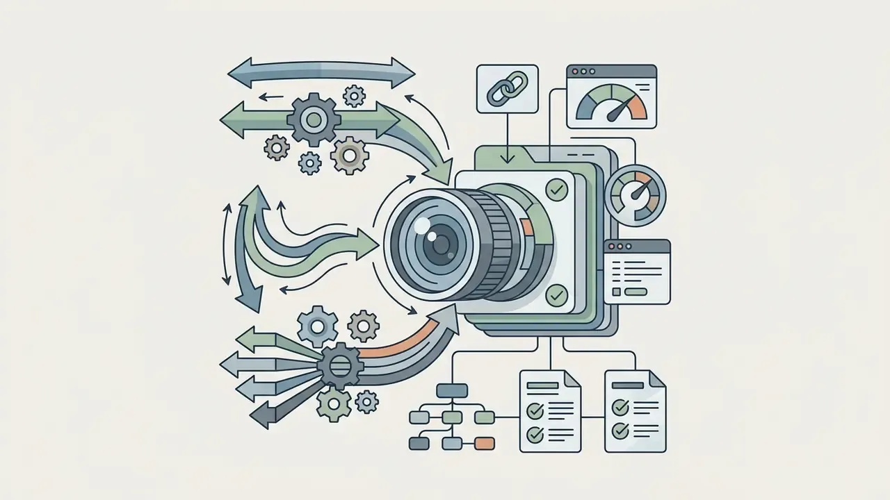 Camera lens icon surrounded by movement arrows and gear symbols linked to data panels and checklists