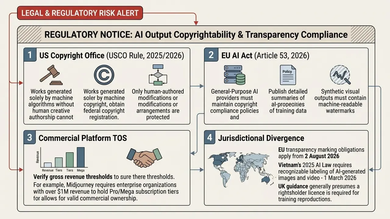 Summary box detailing legal and regulatory requirements for AI copyright and commercial compliance