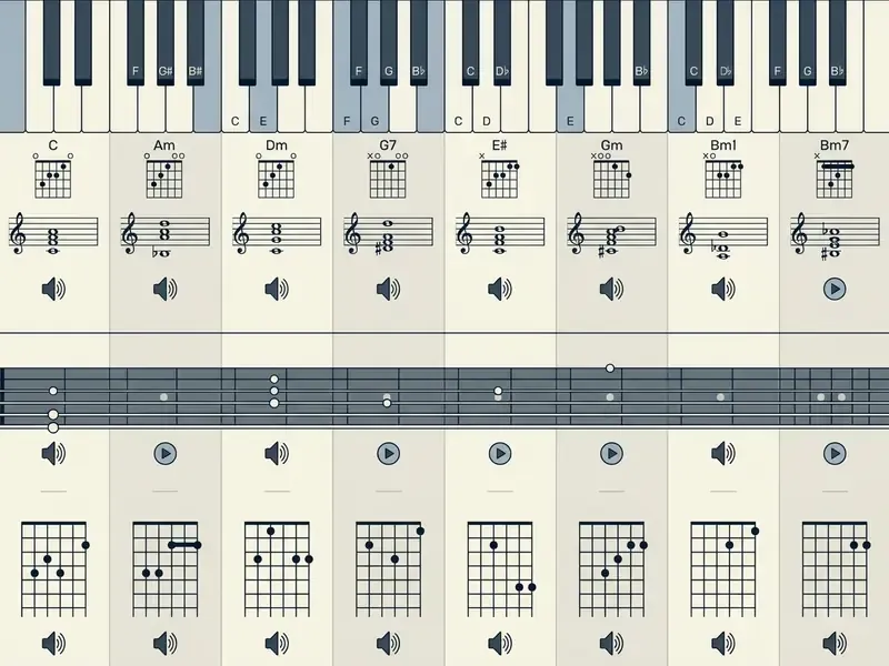 Interactive table displaying piano keys, musical notation, and guitar fretboard diagrams for chords