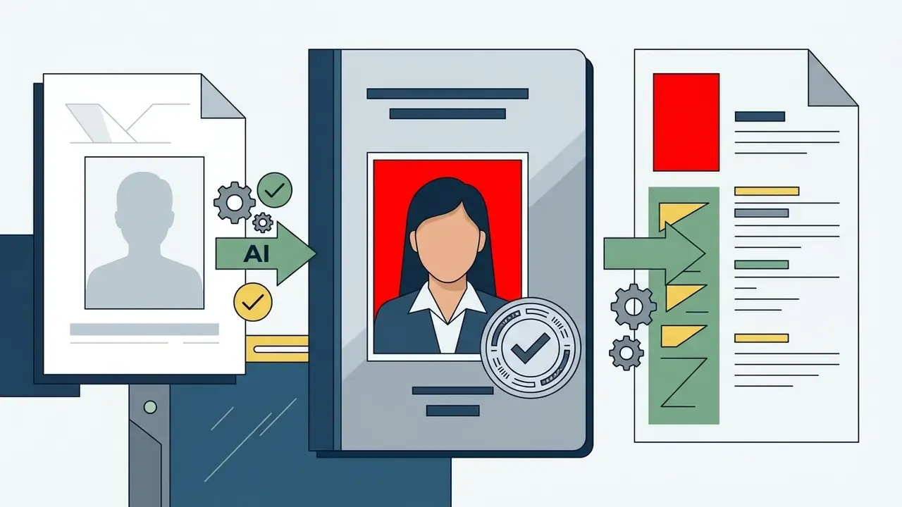 AI processing a portrait into a document with a solid red background for official application requirements