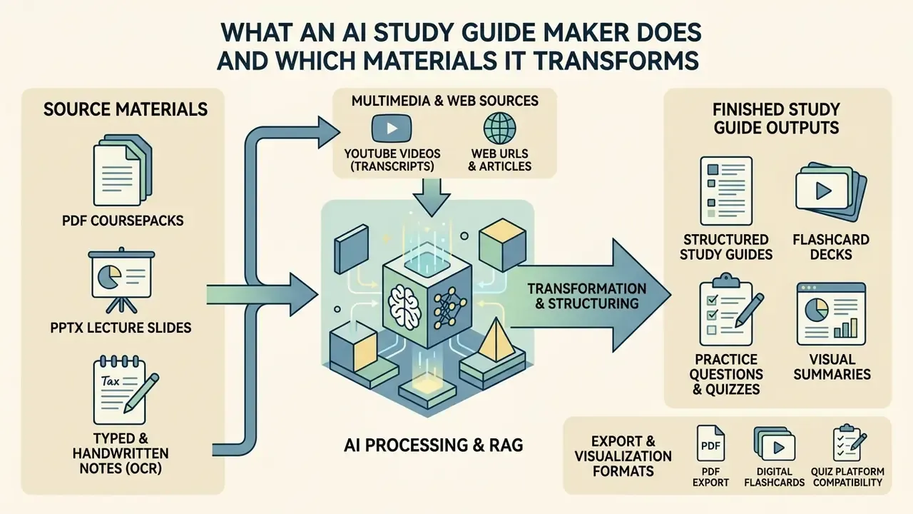 Diagram showing how various course materials and web sources are processed into organized study tools
