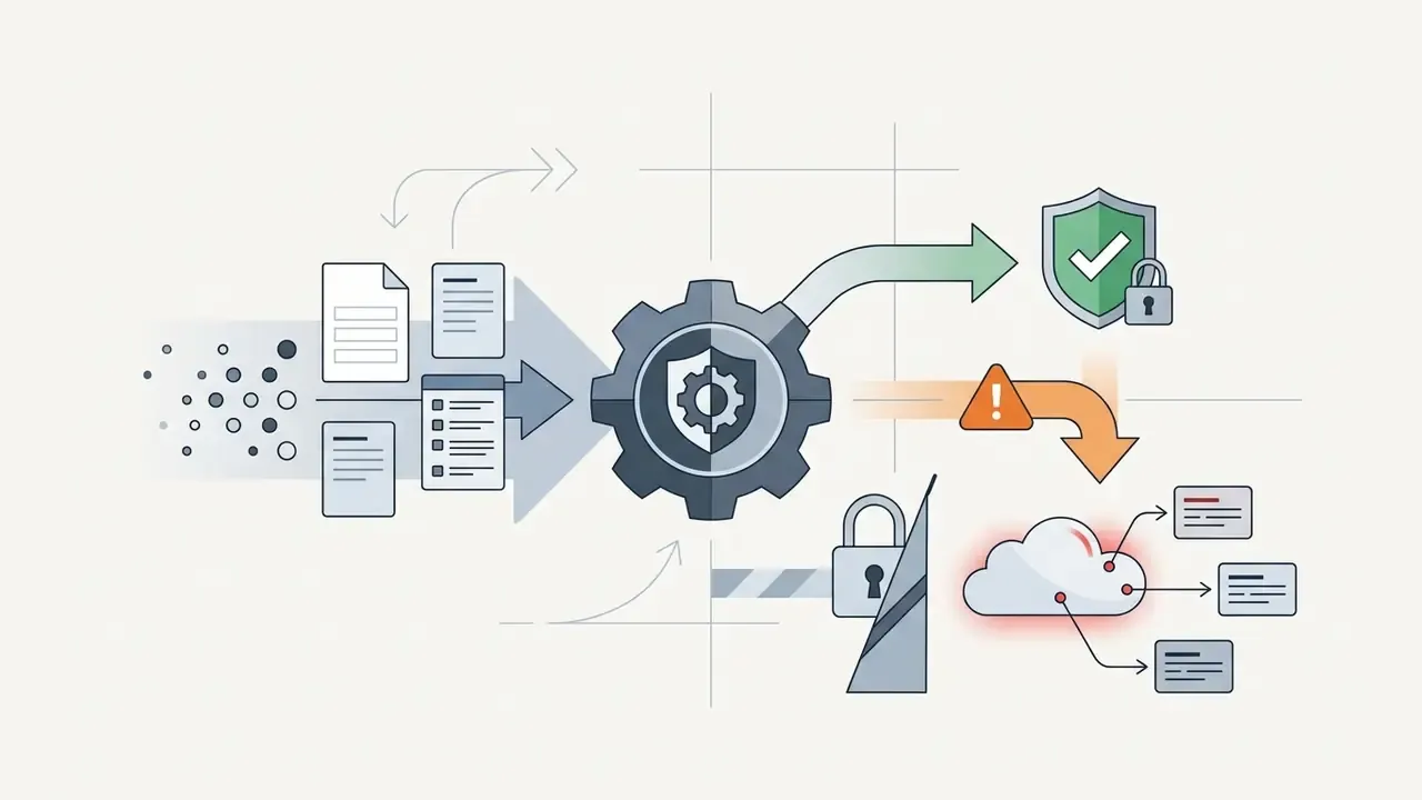 Documents and data points flowing through a gear into secure and insecure cloud storage paths