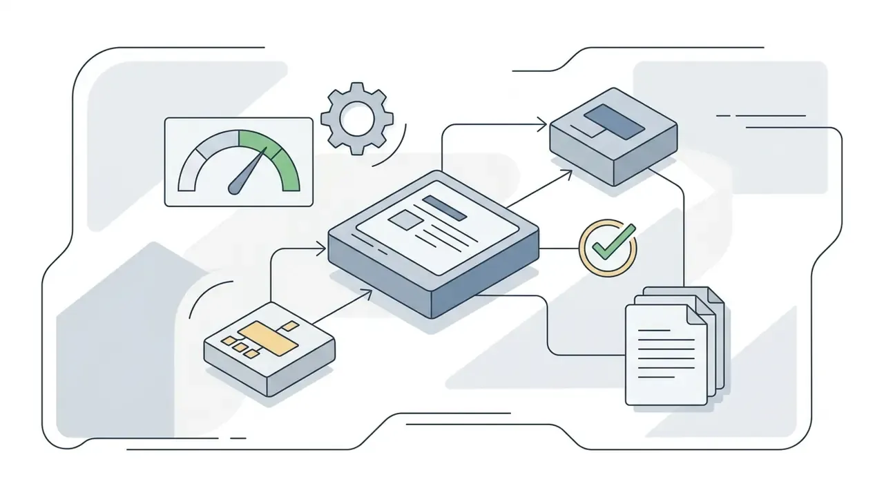 Central processing unit connected to a gauge, a gear, a checkmark icon, and stacks of document files