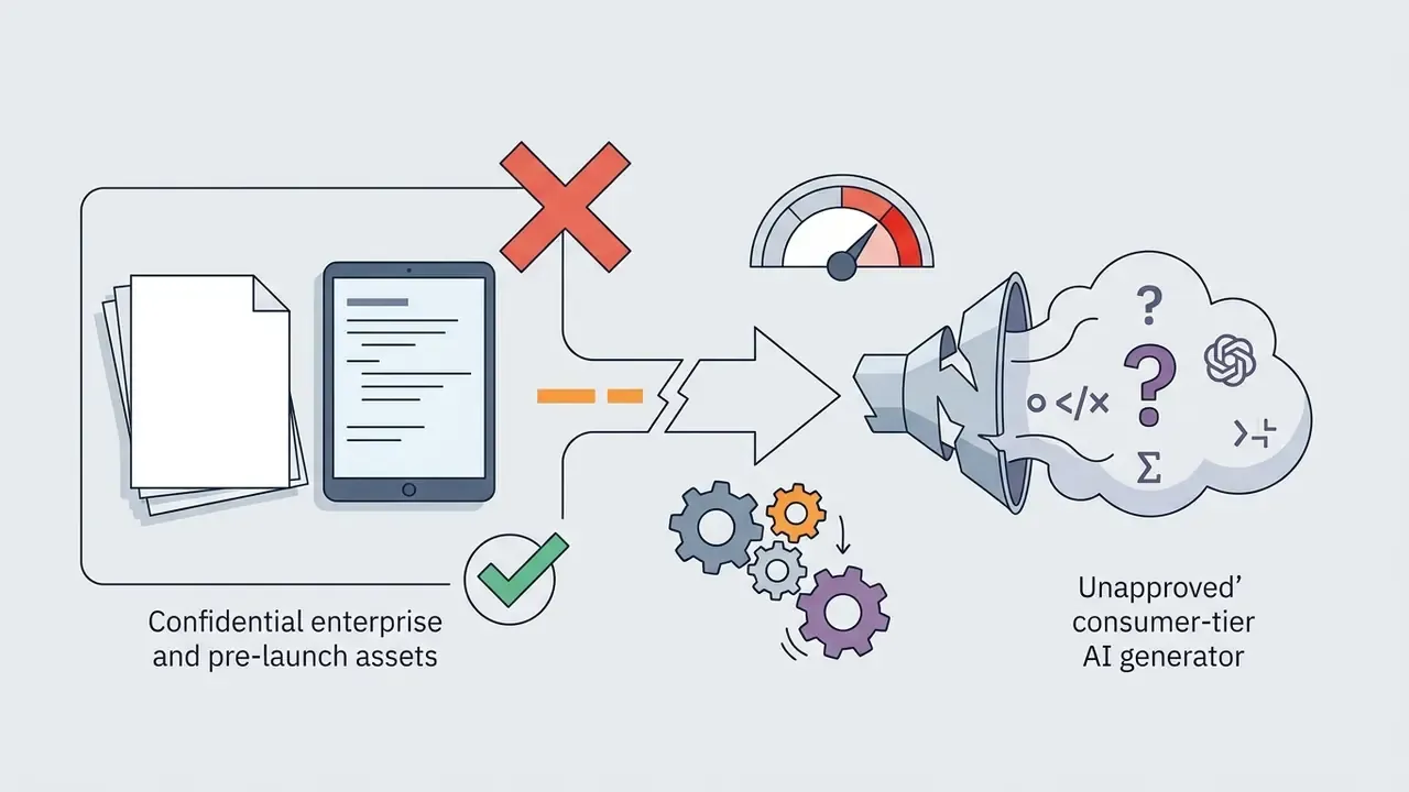 Conceptual graphic showing confidential enterprise data flowing into an unapproved AI generator