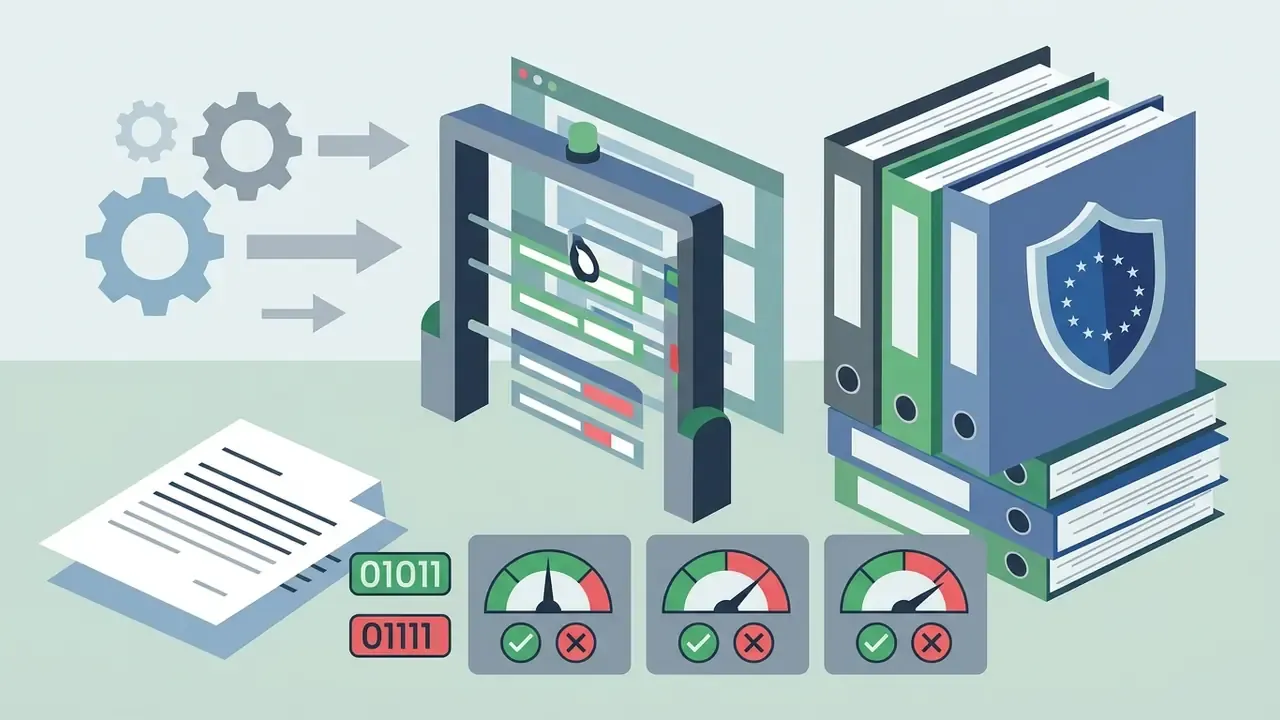 Gears and documents moving through a security gate toward binders with a shield and star emblem