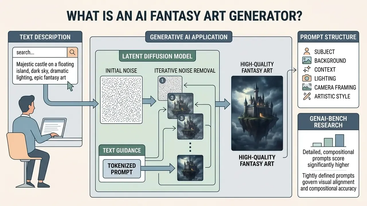 Diagram showing how a text prompt is converted into fantasy art through a latent diffusion model process