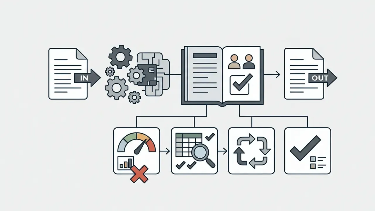 Document processing pipeline showing data input, review of presentation content, and final export
